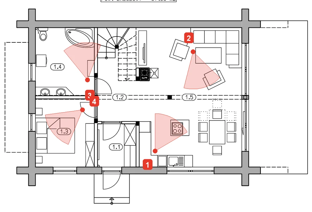 Rzut parteru projektu L-308 X z aranżacją i znacznikami kamer